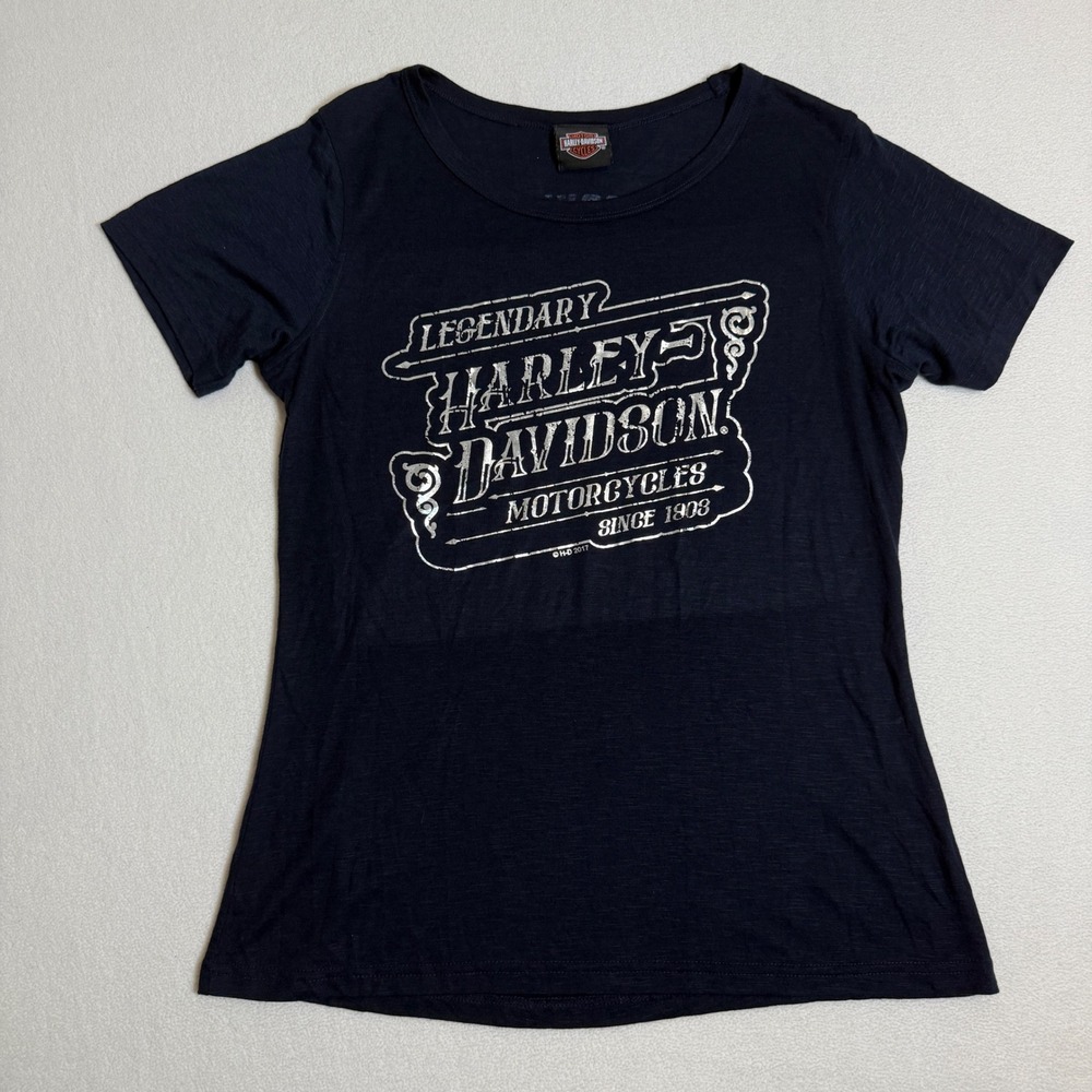 Harley Davidson T-Shirt Womens M Medium Navy Blue Silver‎ Cox's Asheboro NC
